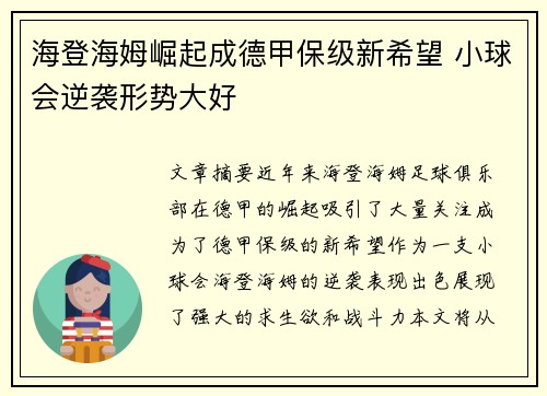 海登海姆崛起成德甲保级新希望 小球会逆袭形势大好